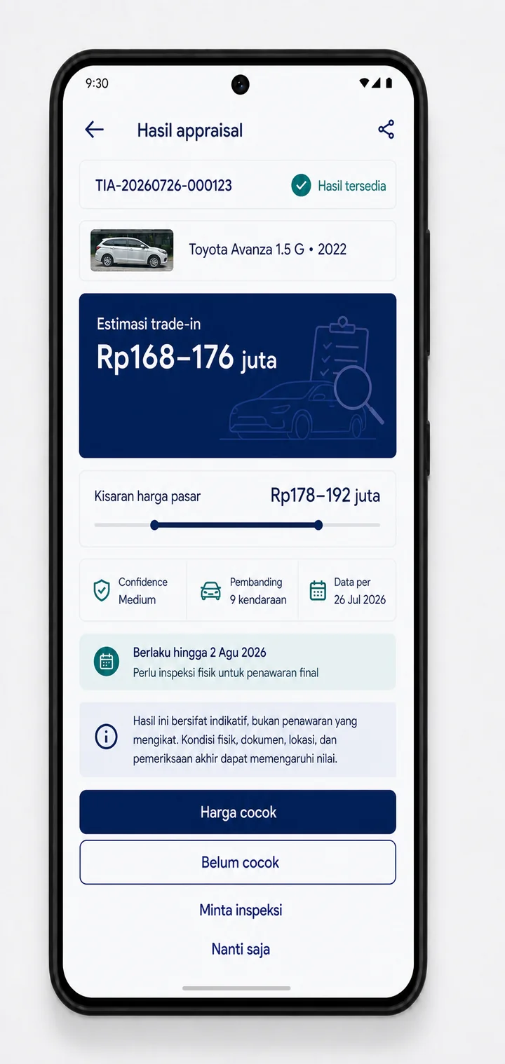 Desain layar hasil appraisal kendaraan di TRIVA