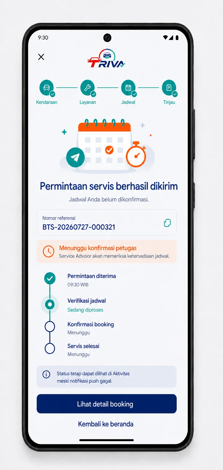 Desain layar status permintaan booking servis di TRIVA